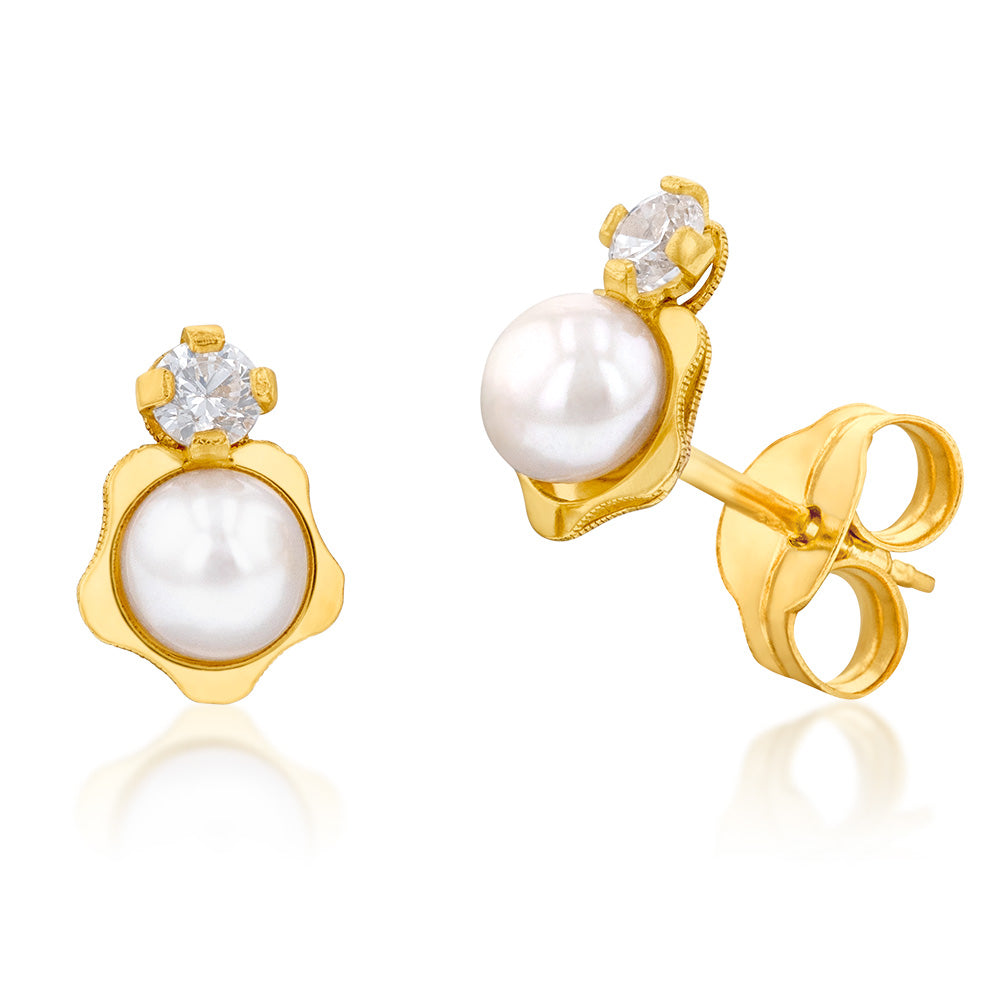 9ct Yellow Gold Freshwater Pearl and Zirconia Studs