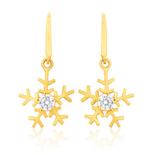 Load image into Gallery viewer, 9ct Yellow Gold Zirconia Snowflake Drop Earrings