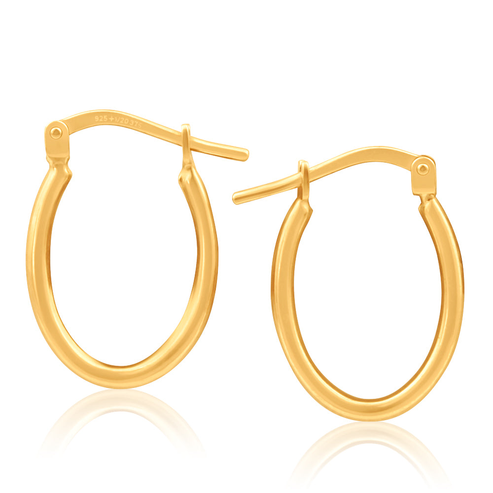9ct Yellow Gold Silver Filled oval shape plain 10mm Hoop Earrings
