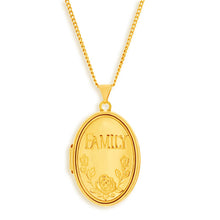 Load image into Gallery viewer, 9ct Yellow Gold Silver Filled Oval Locket with &#39;Family&#39; &amp; Flower Design Engraving