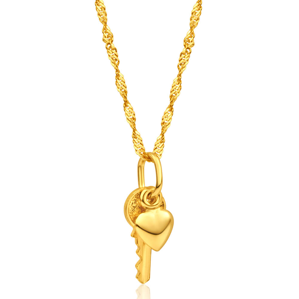 9ct Yellow Gold Silver Filled Heart & Key Pendant With 45cm Chain