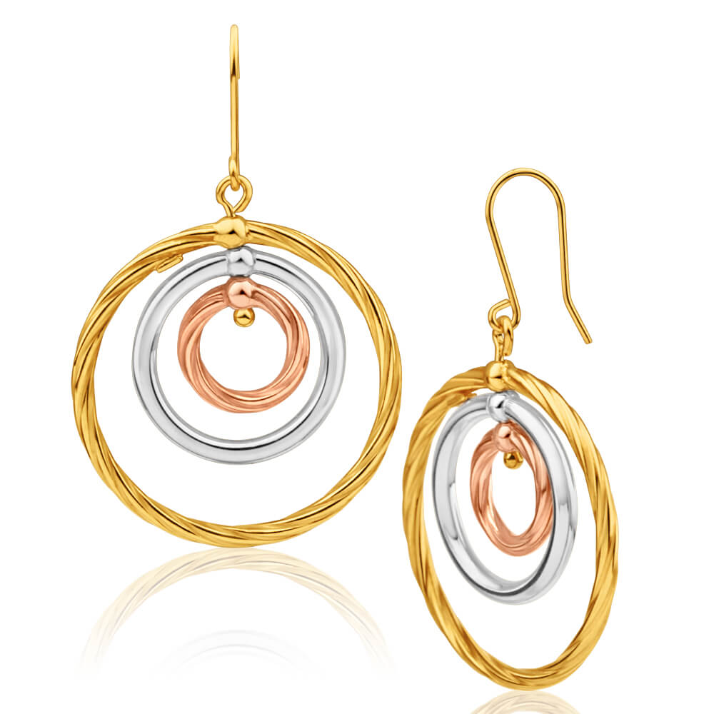 9ct Yellow Gold Silver Filled Three Tone Three Circle Drop Earrings