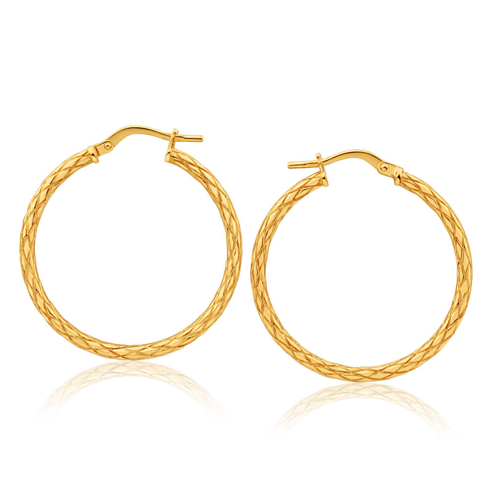 9ct Yellow Gold Silver Filled Patterned 25mm Hoop Earrings