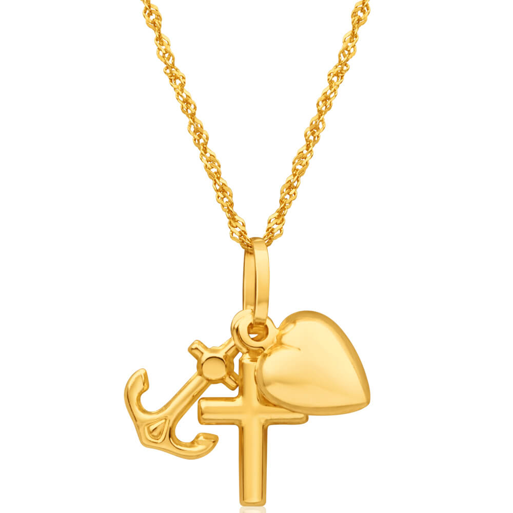 9ct Gold Faith Hope & Charity Charms Pendants on Adjustable 15.5-17.5  Necklace Hallmarked