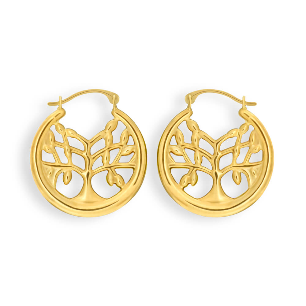 9ct Yellow Gold Silver Filled Tree of Life Creole Hoop Earrings