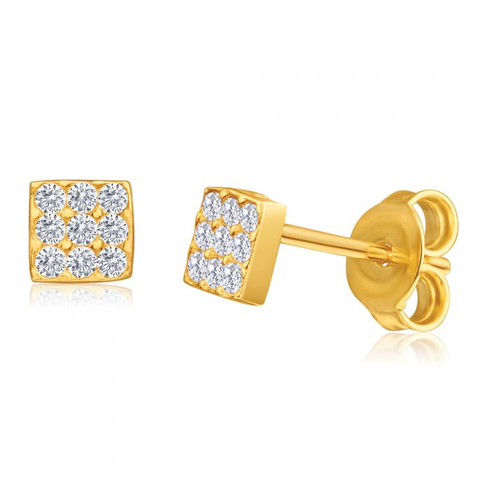 9ct Yellow Gold Silver Filled Cubic Zirconia Square Shape Stud Earrings