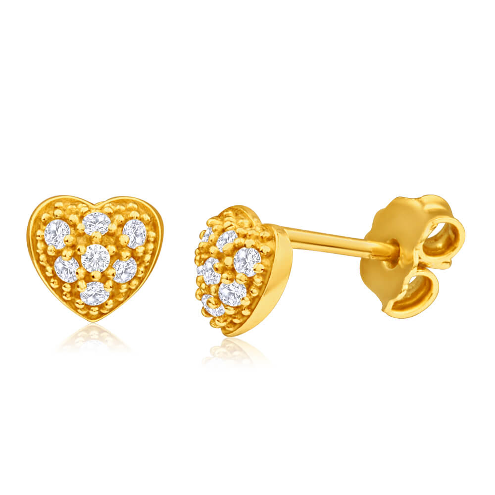 9ct Yellow Gold Silver Filled Cubic Zirconia Heart Shape Stud Earrings