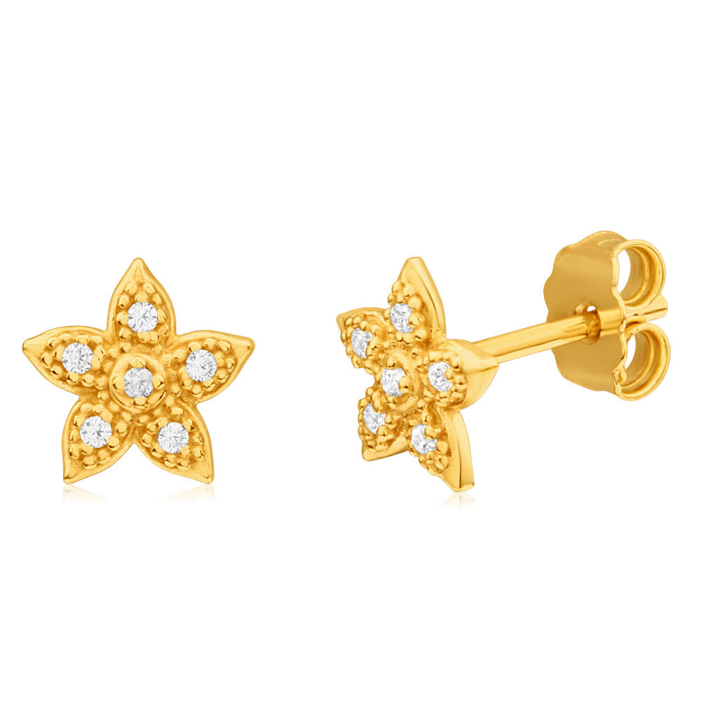 9ct Yellow Gold Silver Filled Cubic Zirconia Star Stud Earrings