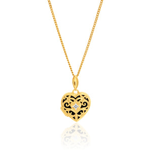9ct Yellow Gold Silver Filled Diamond Set Heart Shaped Filigree Locket