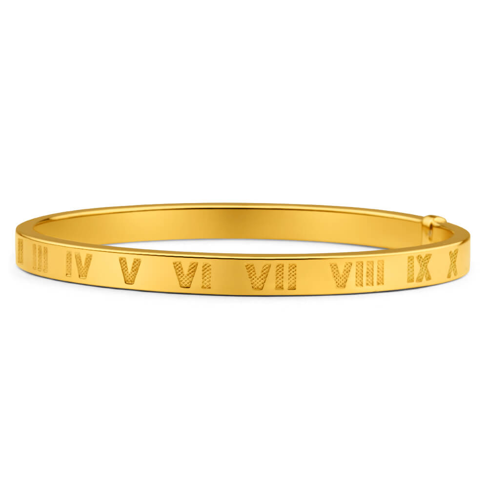 9ct Yellow Gold Silver with Roman Numeral Filled Bangle 65mm wide