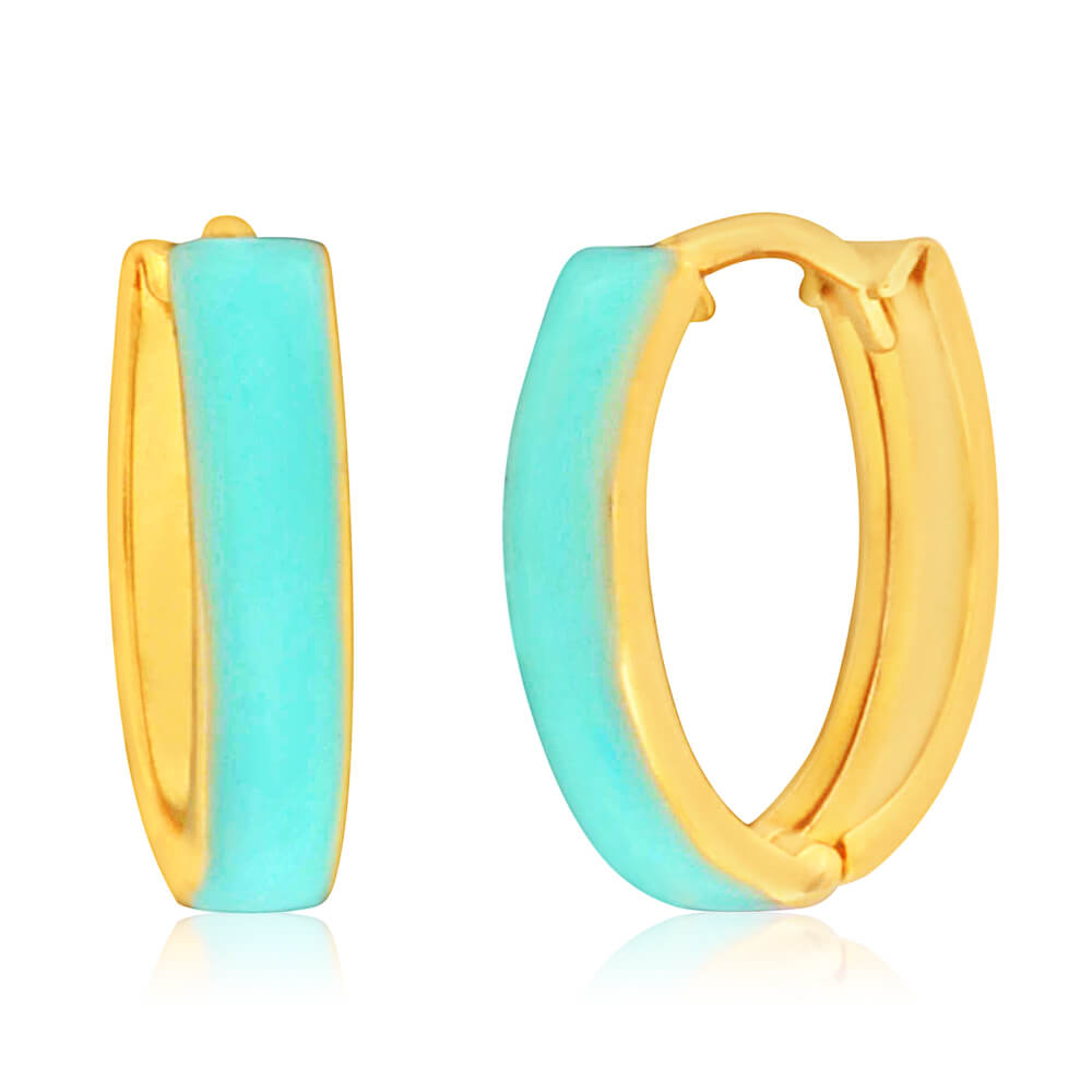 9ct Yellow Gold Silver Filled Turquoise colour Enamel Hoop Earrings