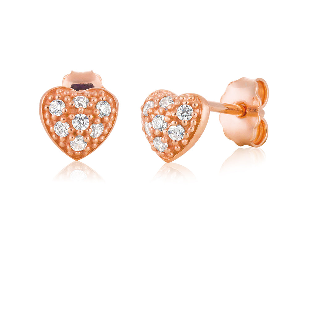 9ct Rose Gold Silver Filled Heart Cubic Zirconia Studs