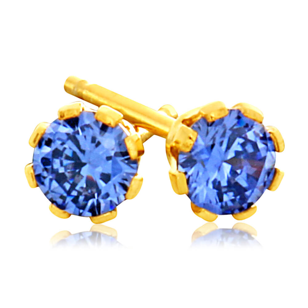 9ct Yellow Gold Silver Filled Blue Cubic Zirconia 4mm Stud Earrings