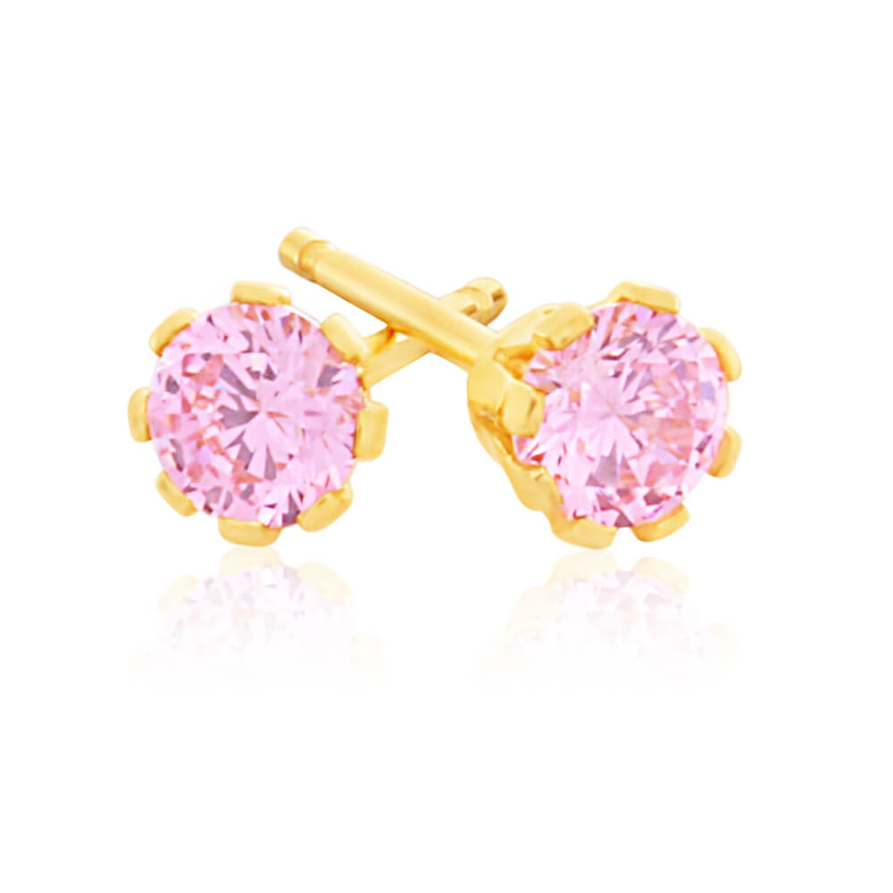 9ct Yellow Gold Silver Filled Pink Cubic Zirconia Stud Earrings