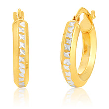 Load image into Gallery viewer, 9ct Yellow Gold Silver Filled Hoop Earrings with diamond cut cross pattern feature
