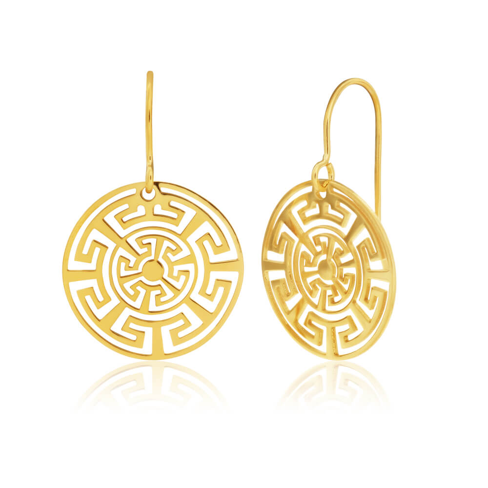 9ct Yellow Gold Silver Filled Aztec Greek key design Drop Earrings
