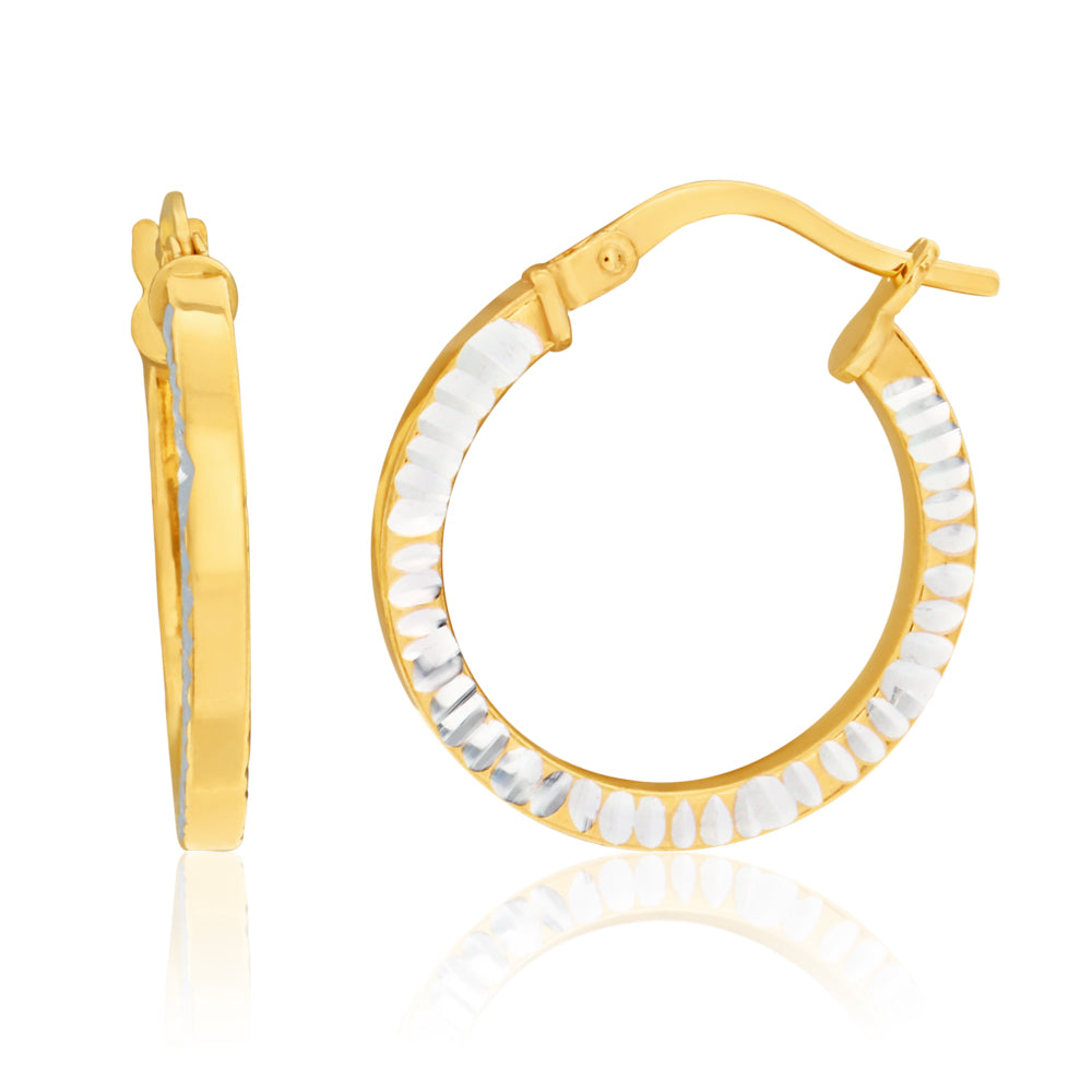 9ct Yellow Gold Silver Filled Side Diamond Cut Hoops Earrings