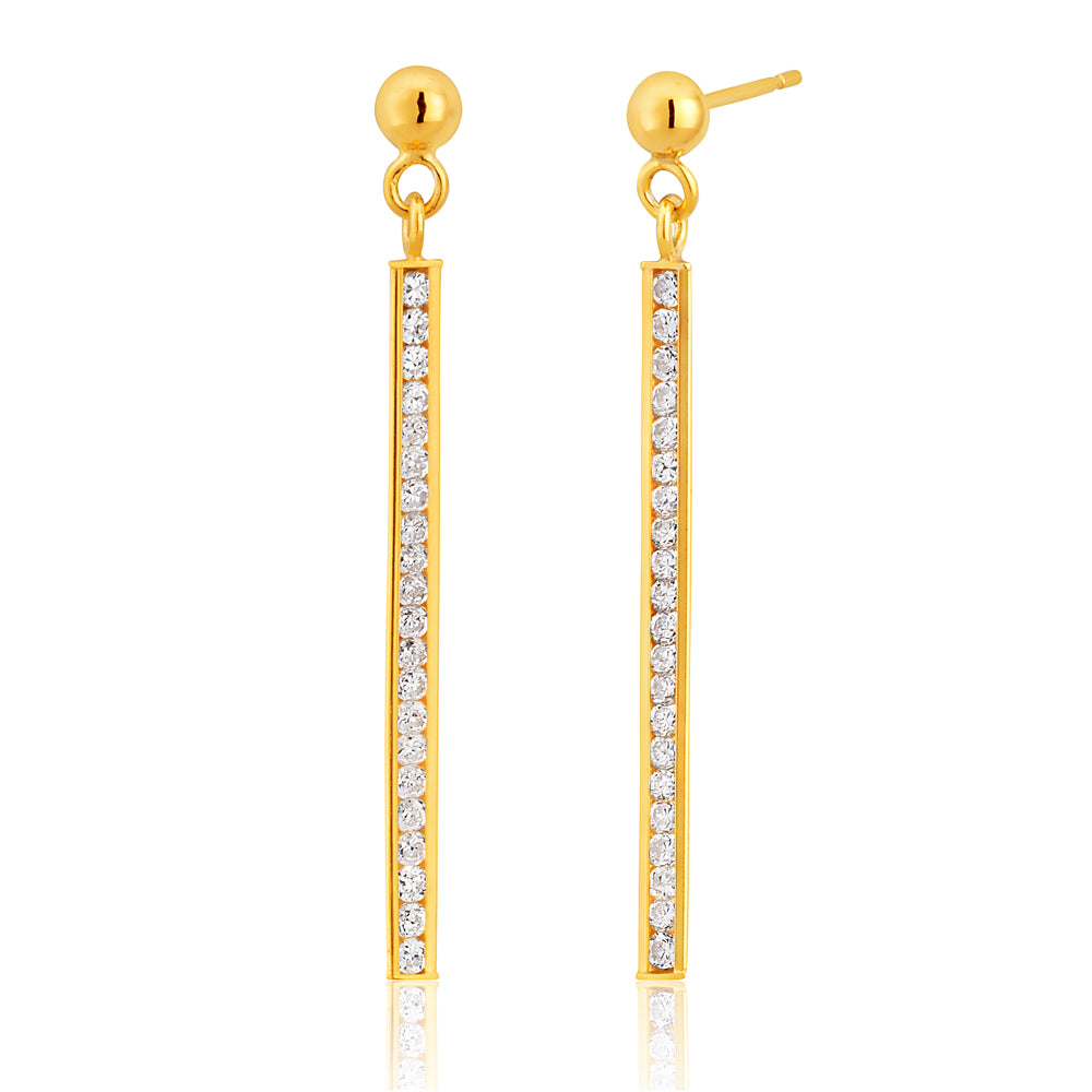 9ct Gold Cubic Zirconia Silver Filled Bar Drop Earrings