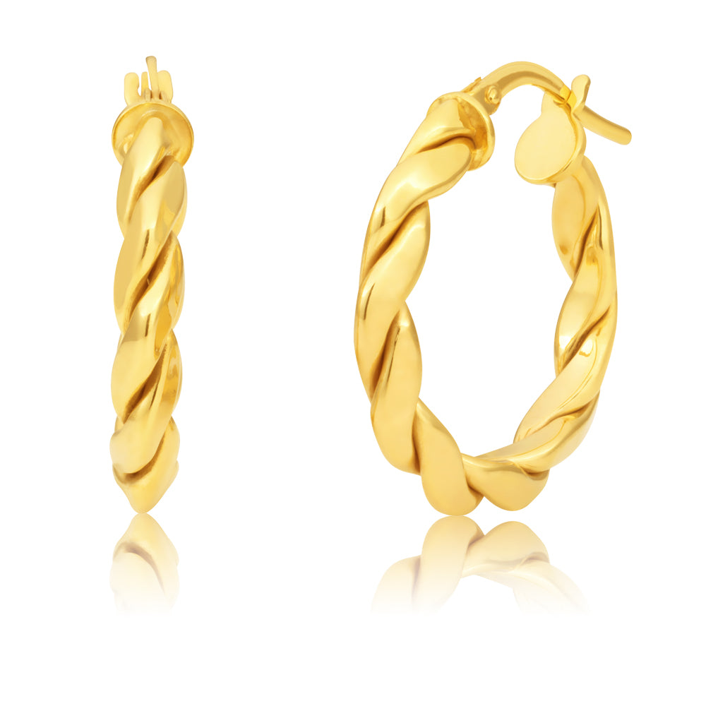Silverfilled 9ct Yellow Gold Fancy Twist 15mm Hoop Earrings
