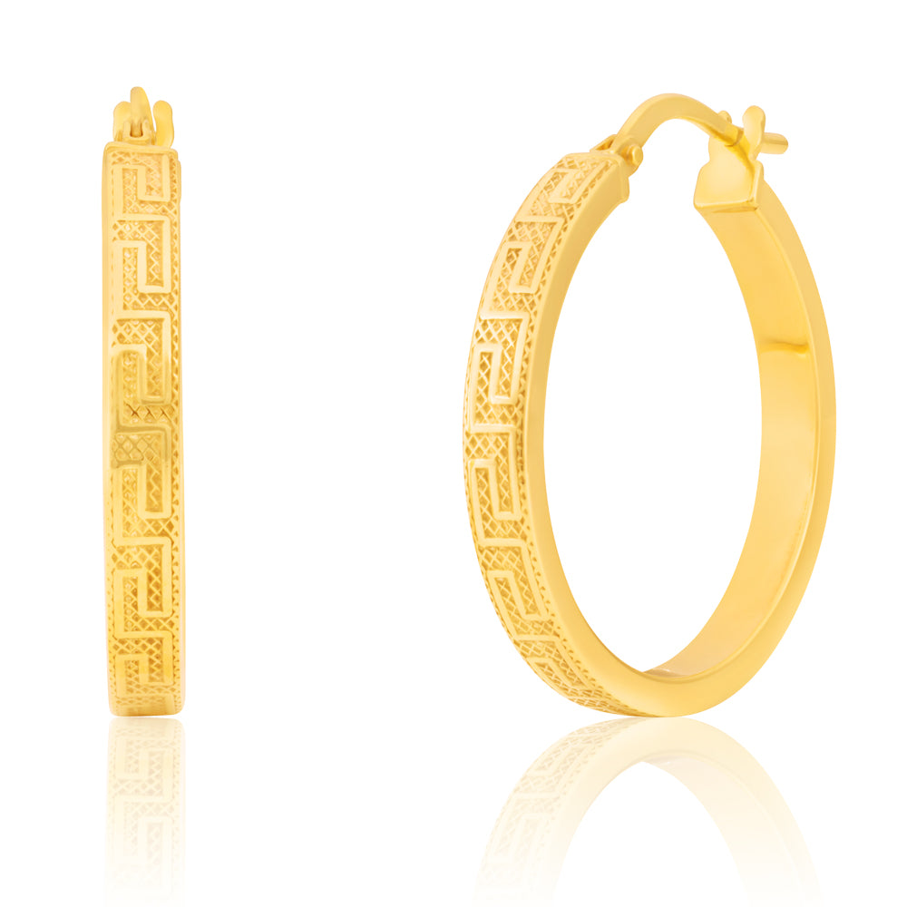 9ct Yellow Gold SilverFilled 20mm Hoop Earrings with Greek Key of Life Design
