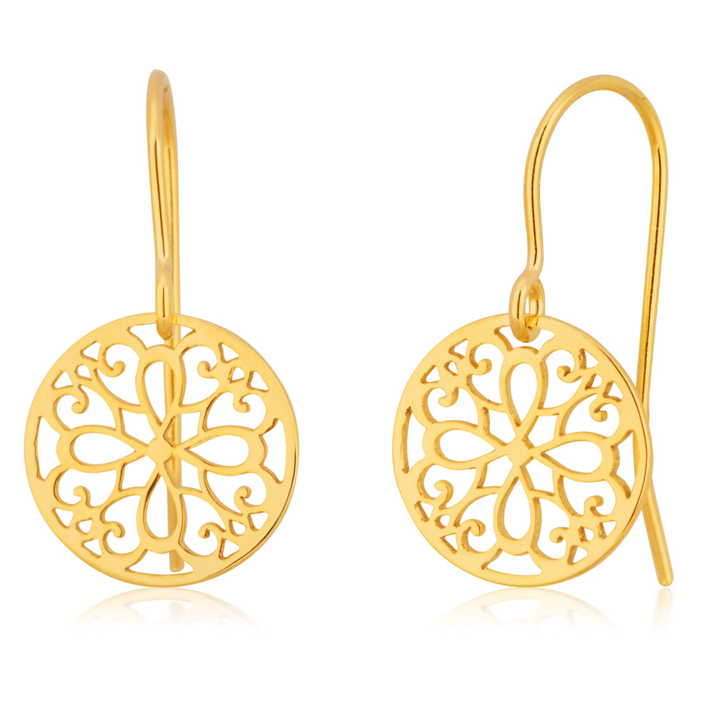 9ct Yellow Gold Filligree Patterned Silverfilled Drop Earrings