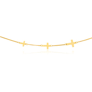 9ct Yellow Gold Silver Filled 45cm Sideway Necklace With Three Crosses