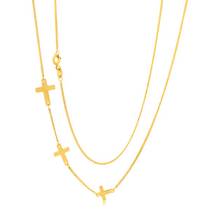 9ct Yellow Gold Silver Filled 45cm Sideway Necklace With Three Crosses