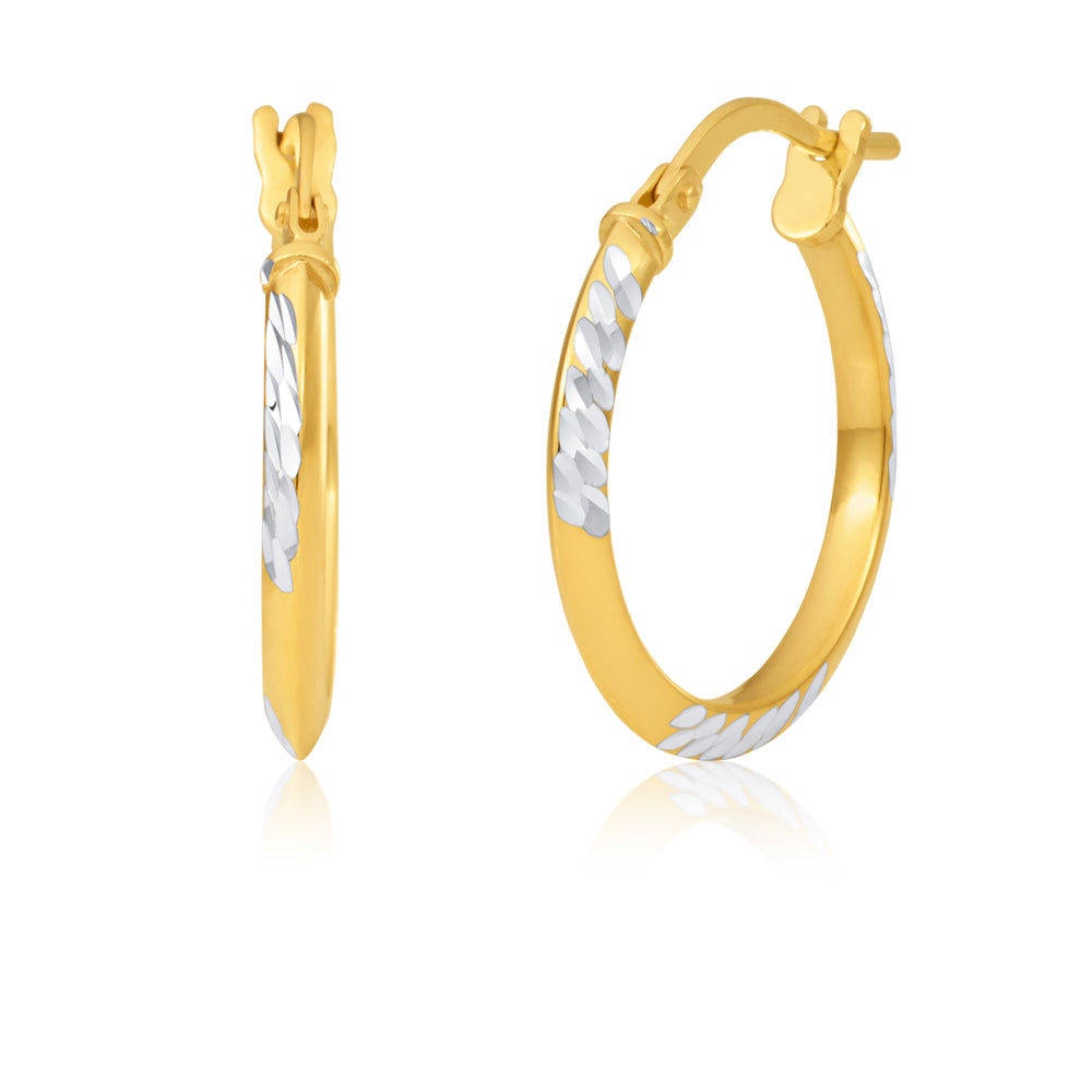 Silverfilled 9ct Yellow Gold 15mm Hoop Earrings With Diamond Cut Details