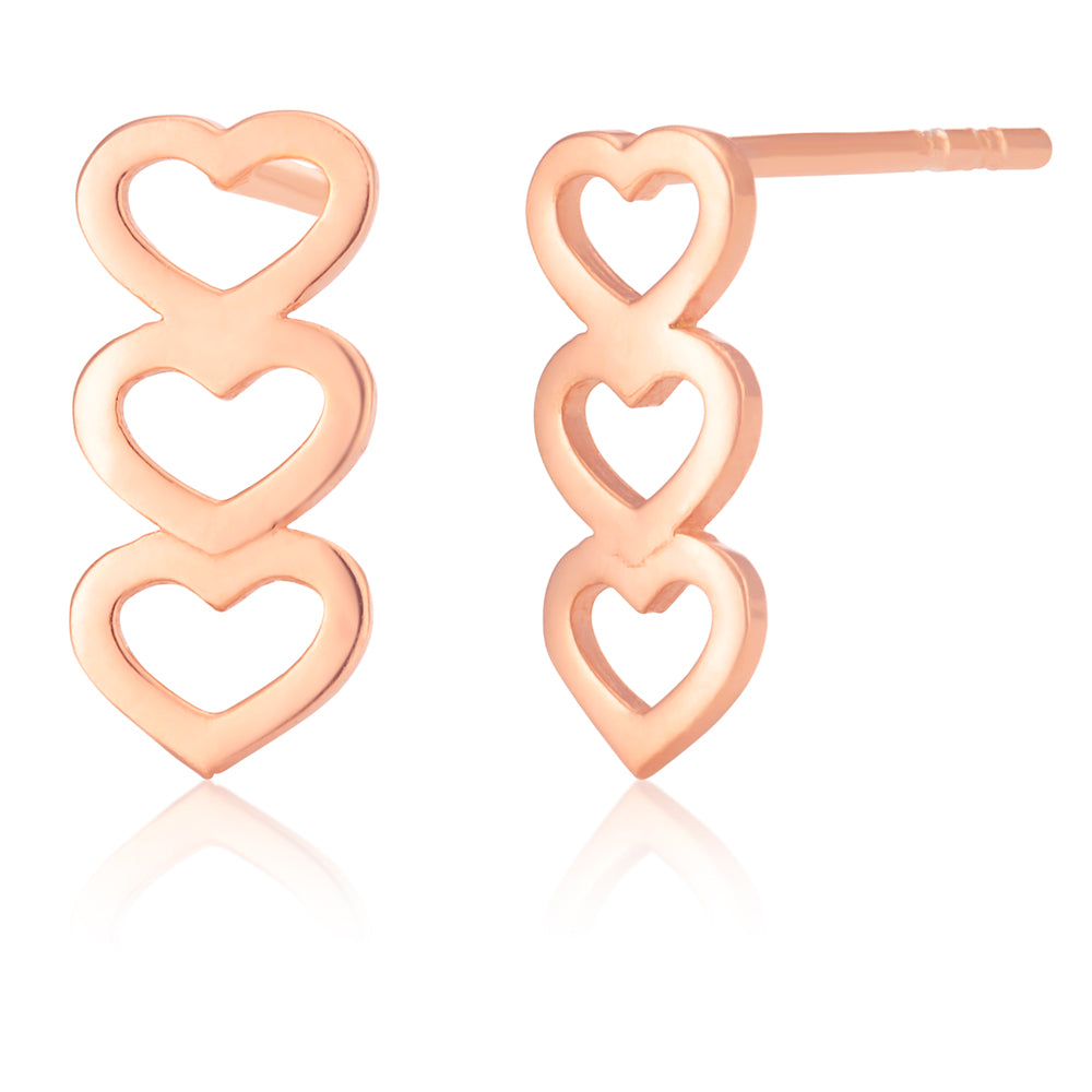 9ct Rose-Colour Gold Filled Three Hearts Stud Earrings