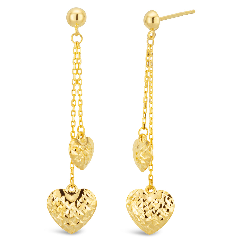 9ct Yellow Gold Filled Double Sided Diamond Cut 2x Heart Drop Earrings ...