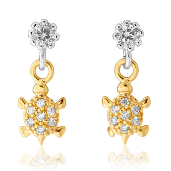 9ct Yellow Gold  Silver Filled Cubic Zirconia Turtle Drop Earrings
