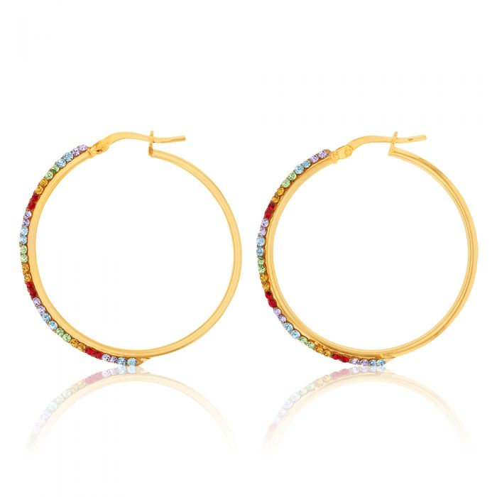 9ct Silverfilled Yellow Gold Coloured Crystals 30mm Hoop Earrings
