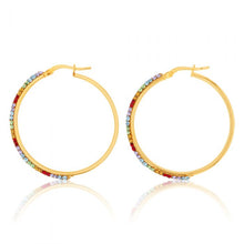 Load image into Gallery viewer, 9ct Silverfilled Yellow Gold Coloured Crystals 30mm Hoop Earrings
