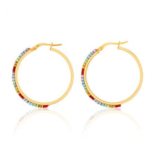 Load image into Gallery viewer, 9ct Silverfilled Yellow Gold Rainbow Multi-Colour Crystals 25mm Hoop Earrings