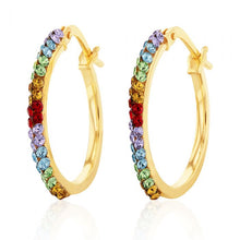 Load image into Gallery viewer, 9ct Silverfilled Yellow Gold Rainbow Multi Colour Crystal 15mm Hoop Earrings