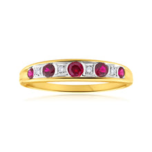 Load image into Gallery viewer, 9ct Yellow Gold Created Ruby + Diamond Graduated Ring