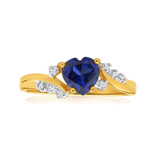 Load image into Gallery viewer, 9ct Yellow Gold Created Sapphire Heart + Diamond Ring