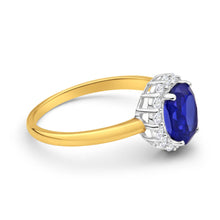 Load image into Gallery viewer, 9ct Yellow Gold 8x6mm Oval Created Sapphire and Cubic Zirconia Halo Ring