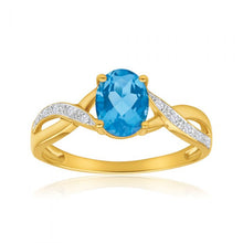 Load image into Gallery viewer, 9ct Yellow Gold Blue Topaz and Diamond Cross Over Ring