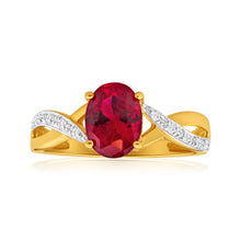 Load image into Gallery viewer, 9ct Yellow Gold Created Ruby and Diamond Cross Over Ring