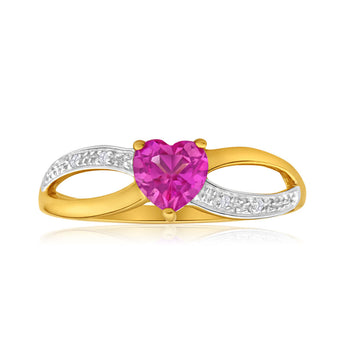 9ct Yellow Gold Diamond + Created Pink Sapphire Ring
