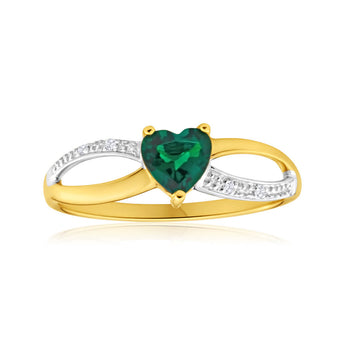 9ct Yellow Gold Heart Created Emerald + Diamond Ring