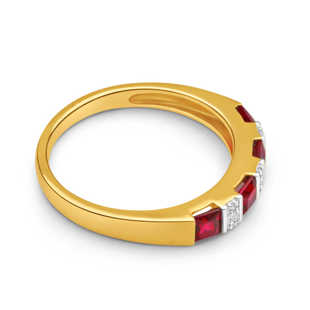 9ct Yellow Gold 4 Created Ruby + Diamond Ring