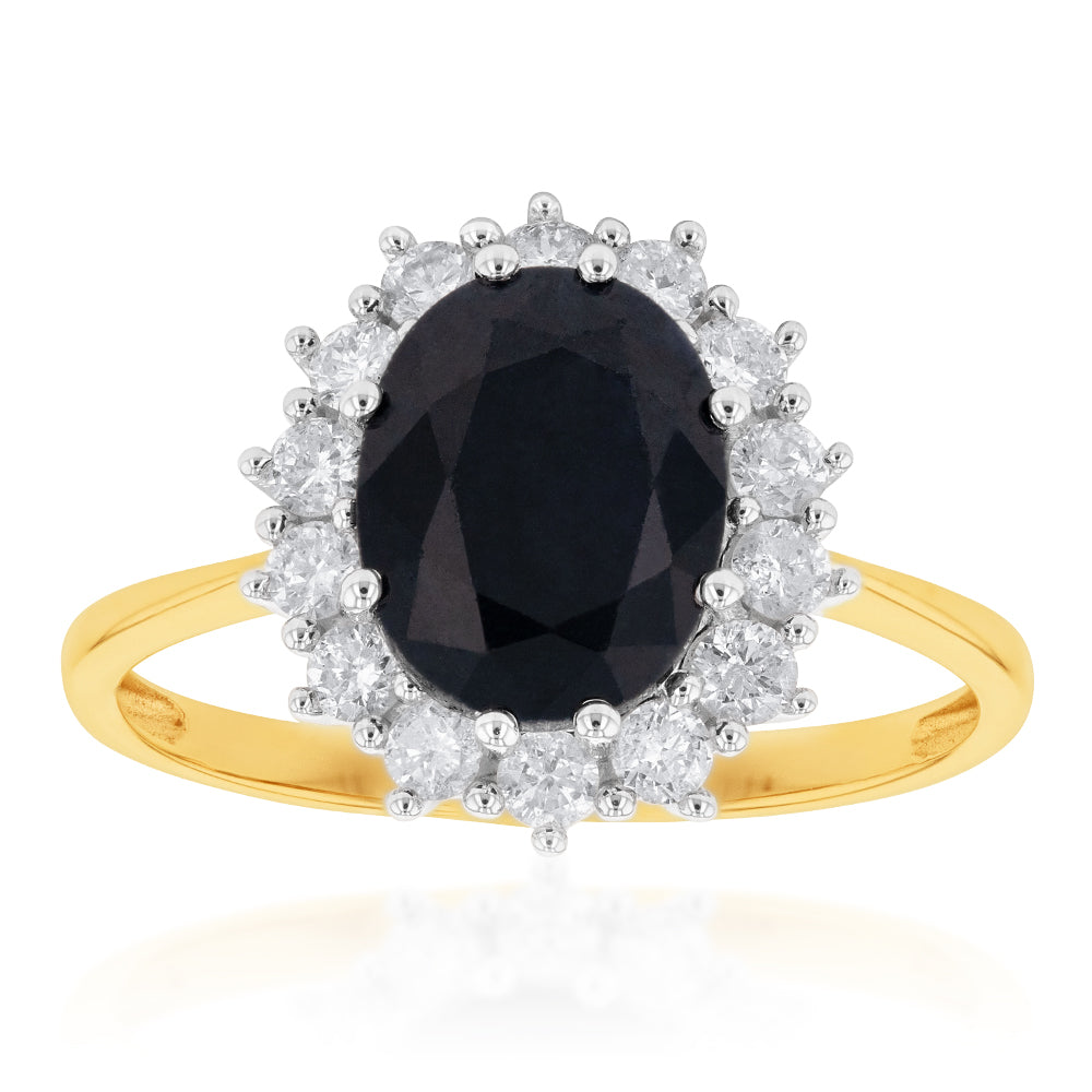 9ct Yellow Gold Natural Sapphire 2.50 Carat 9X7mm Oval with 0.50 Carat Diamonds Ring