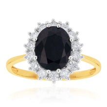 Load image into Gallery viewer, 9ct Yellow Gold Natural Sapphire 2.50 Carat 9X7mm Oval with 0.50 Carat Diamonds Ring