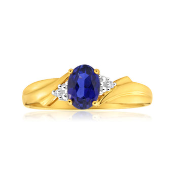 9ct Gorgeous Yellow Gold Created Sapphire + Diamond Ring