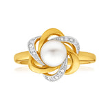 9ct Charming Yellow Gold Diamond + Pearl Ring