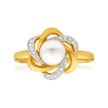 9ct Charming Yellow Gold Diamond + Pearl Ring