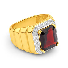 Load image into Gallery viewer, 9ct Yellow Gold 12x10mm Emerald Cut Garnet and Diamond Halo Gents Ring