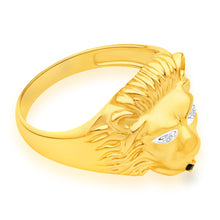Load image into Gallery viewer, 9ct Yellow Gold Lion Head Diamond and Sapphire Gents Ring